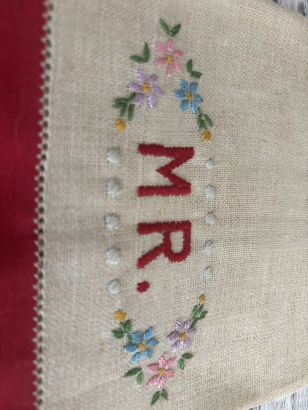 Vintage Hand-Embroidered Red Floral Mrs & Mr Hand Towels 11x18 Linen‎ - Picture 6 of 12